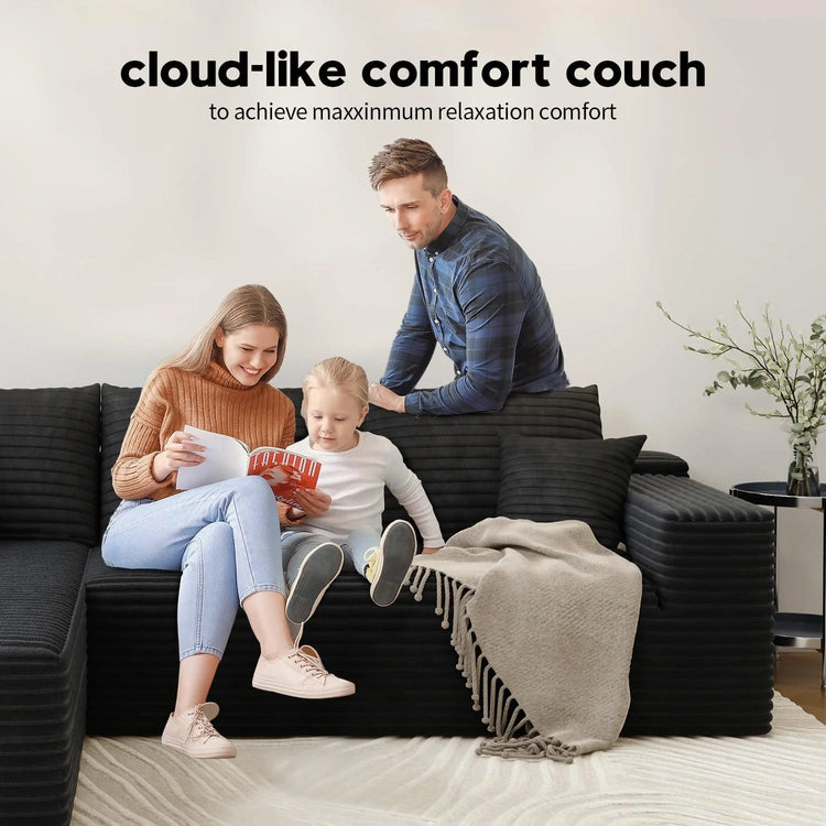 107.5" Cloud Modular Sectional Sofa Couch with L-Shape Chaise,Modern Minimalist Upholstered Couches for Living Room Bedroom,Deep Seat Corner Couch .No Assembly Required (Black,Left Facing Chaise)